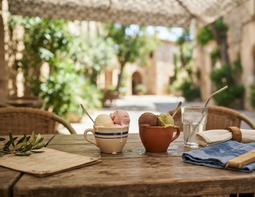 Ice cream cups, iced water and a cold towel on a shaded cafe table