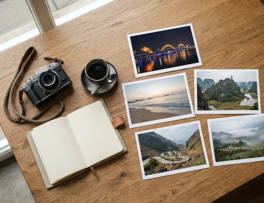 Printed travel photos of a dragon bridge, beach, pagoda hill and mountain pass beside a camera