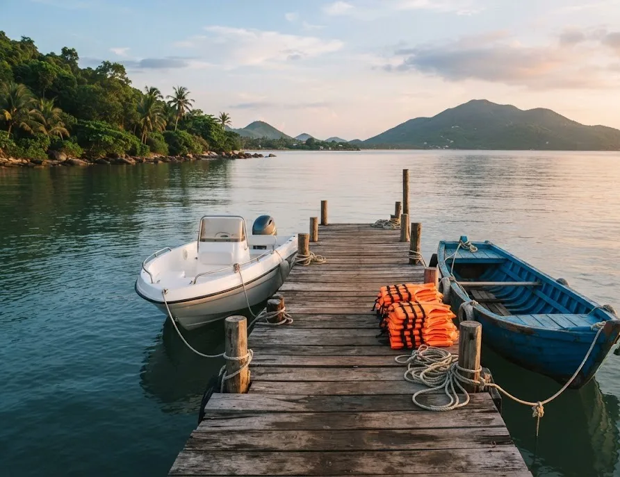 Wooden pier with a speedboat, a blue wooden boat and stacked life jackets