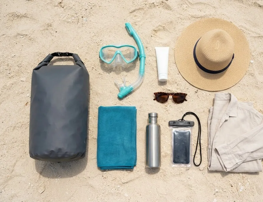 Island day trip kit on sand: dry bag, snorkel, towel, hat and phone pouch