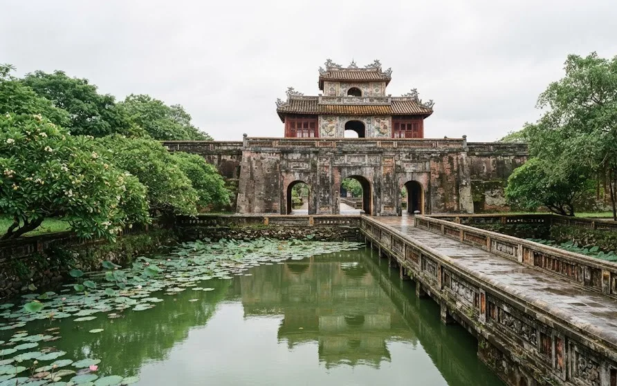 Weathered stone citadel gateway with a tiered tiled pavilion above a still moat covered in lotus pads