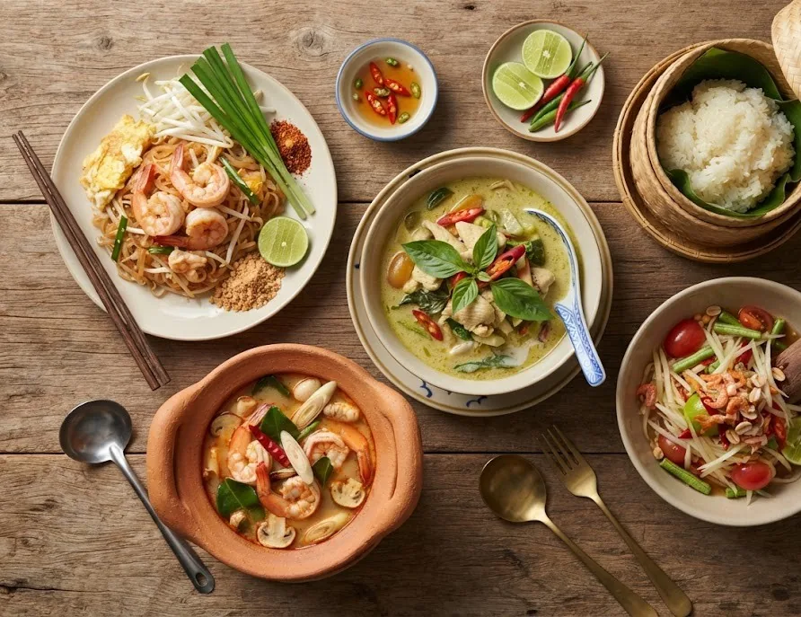 Thai spread of pad thai, green curry, tom yum, papaya salad and sticky rice