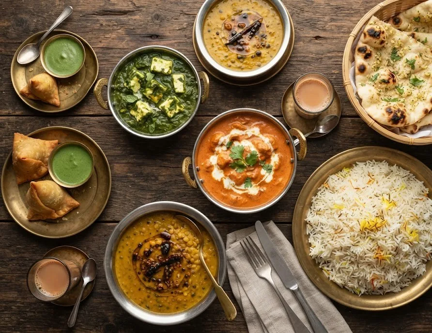 Indian spread of butter chicken, palak paneer, dal, biryani rice, naan and samosas