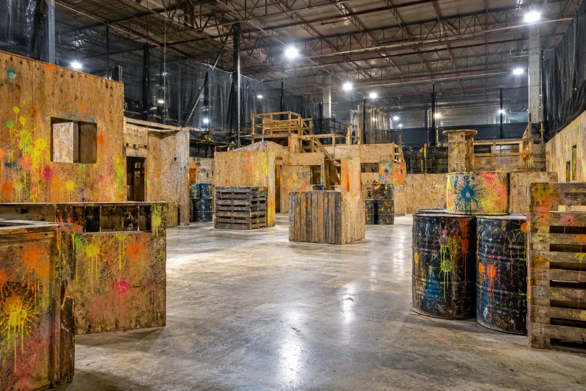 Warehouse paintball arena with paint splattered wooden barricades, barrels and pallets