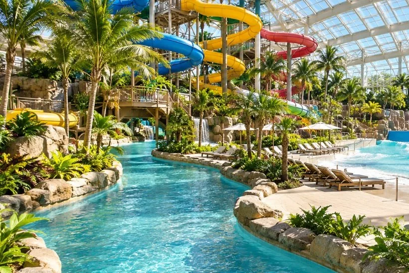 Indoor water park under a glass roof with spiral slides, a lazy river and a wave pool