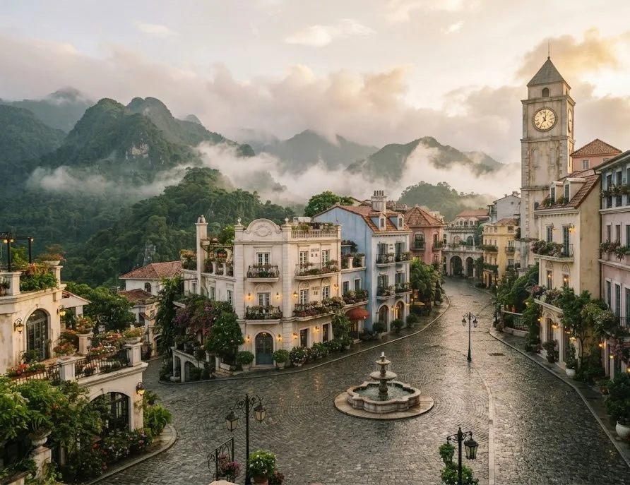 Pastel French-style village square with a fountain and clock tower in misty mountains