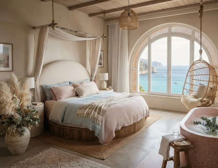 Photogenic hotel room with a round bed, rattan egg chair, pink bathtub and sea view