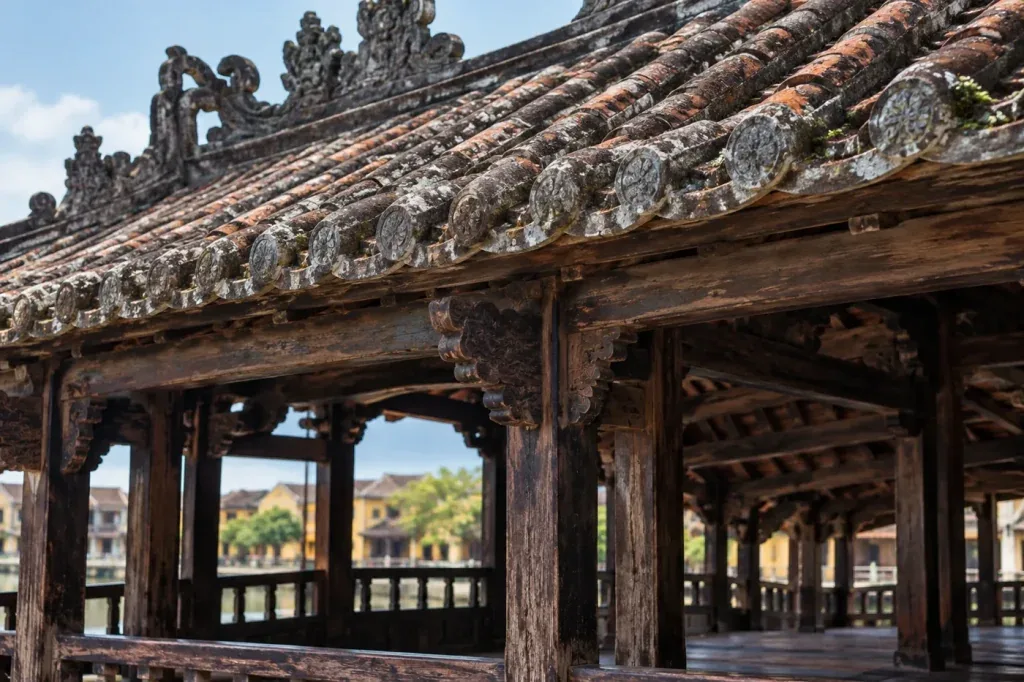 AI illustration: Tiled roof and timber details of a covered bridge