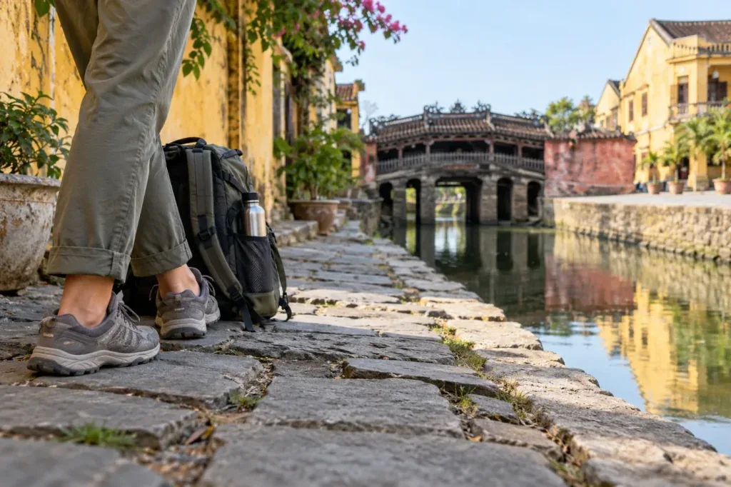AI illustration: Walking shoes on an uneven heritage path