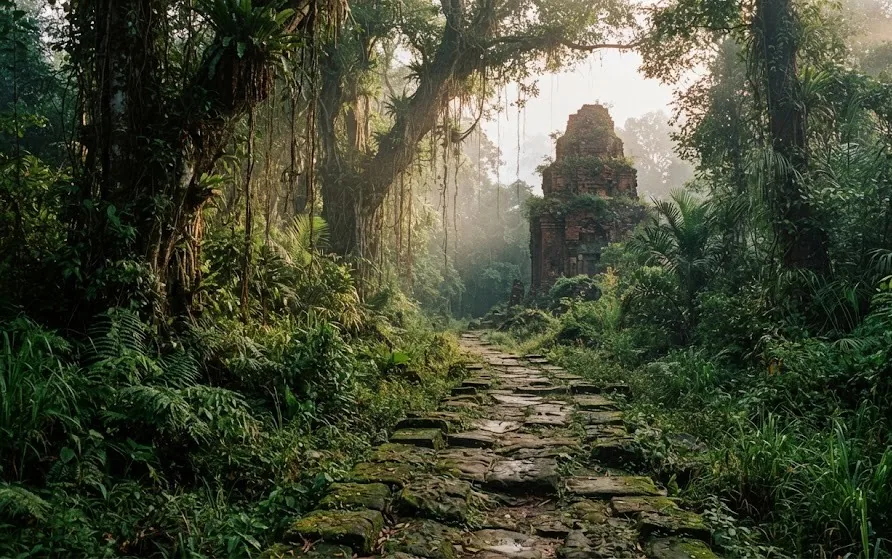 Mossy stone-slab path through dense jungle leading to a partly collapsed brick tower in the mist