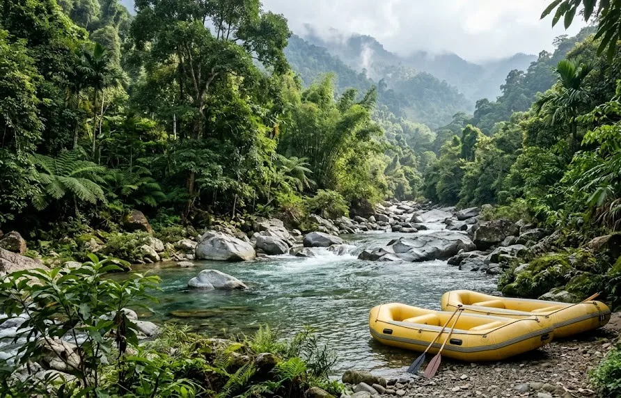 Clear jungle river over boulders with two yellow inflatable rafts on the bank and misty mountains