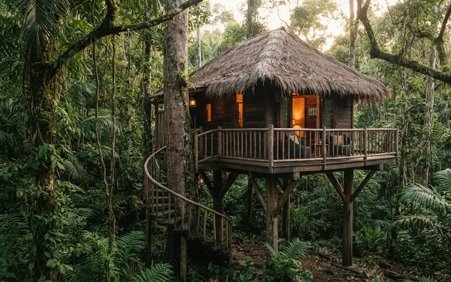 Raised timber treehouse with thatched roof, wraparound balcony and spiral stair among jungle trees