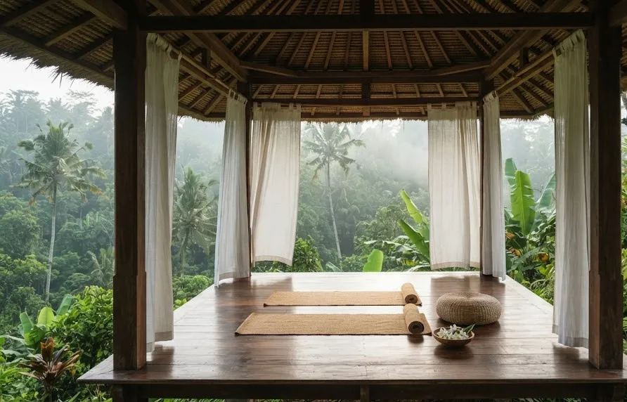 Open wooden yoga pavilion with mats and cushions surrounded by tropical jungle