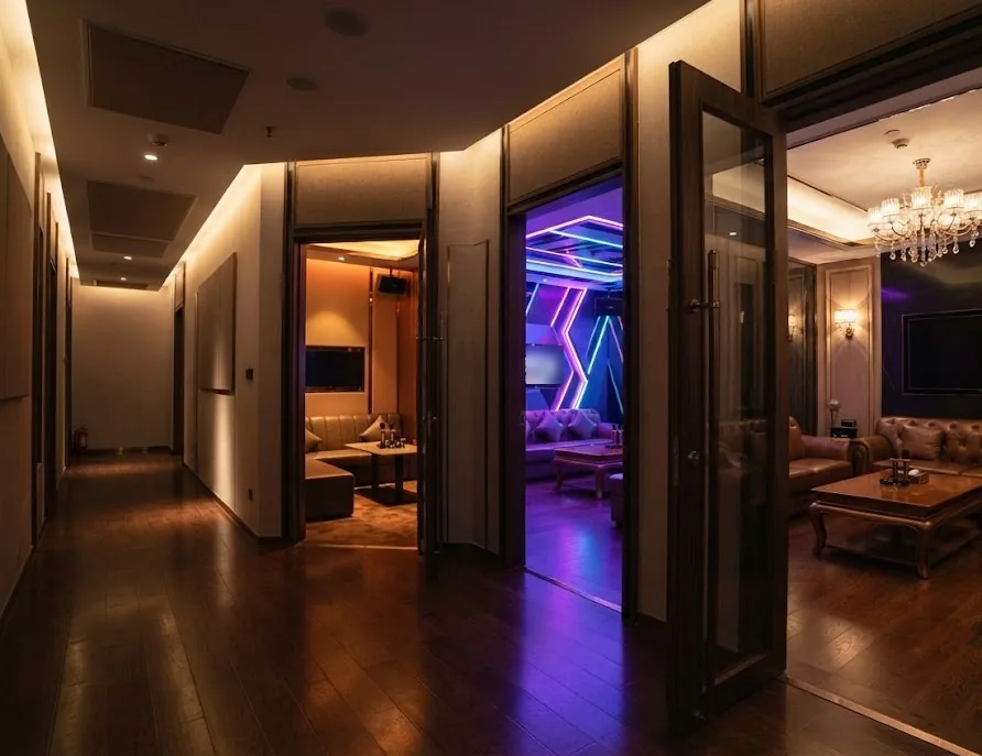 Corridor of karaoke rooms in different sizes and styles