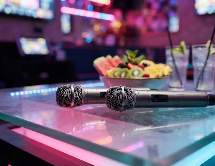 Two wireless microphones on a glowing table with fruit and drinks