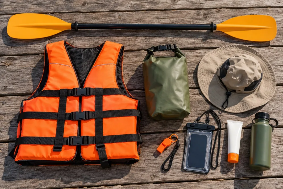 Life jacket, paddle, dry bag, whistle, phone pouch, sunscreen, hat and water bottle