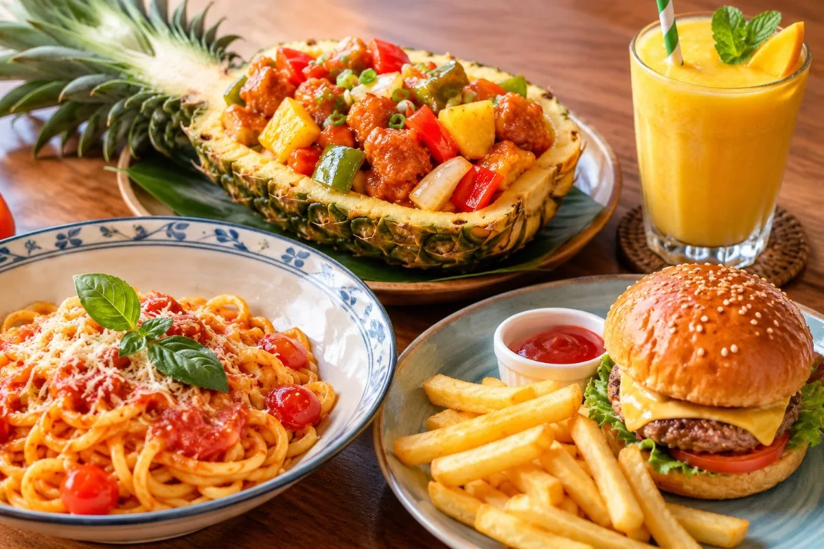 Tomato pasta, sweet and sour pork in a pineapple, a burger with fries and a mango smoothie