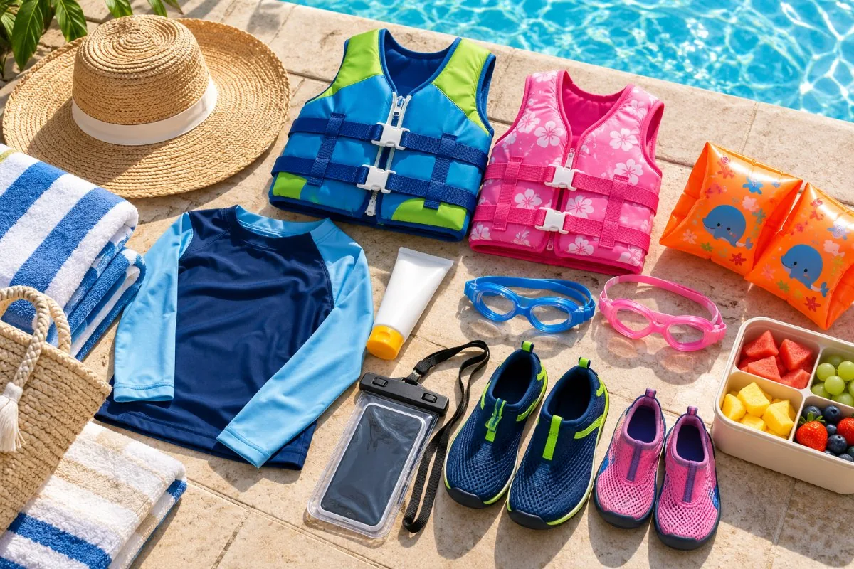 Kids swim vests, arm floats, goggles, water shoes, rash guard, sunscreen and snacks by a pool