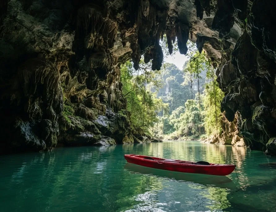 Red kayak on turquoise water at the mouth of a limestone river cave