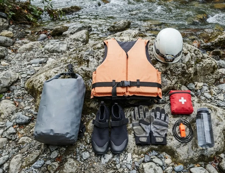 Kayaking and caving safety gear laid out on a rocky riverbank