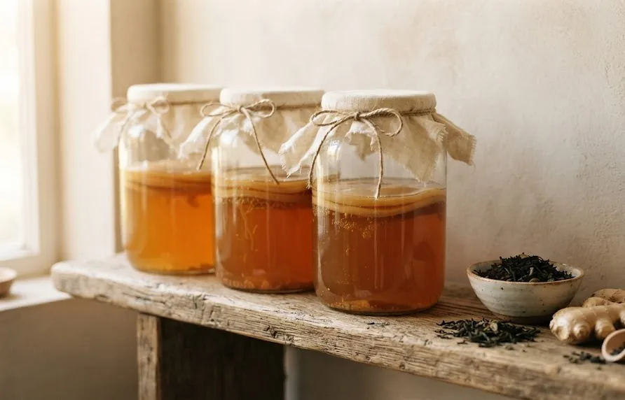 Three glass kombucha fermentation jars with SCOBY on a rustic wooden shelf