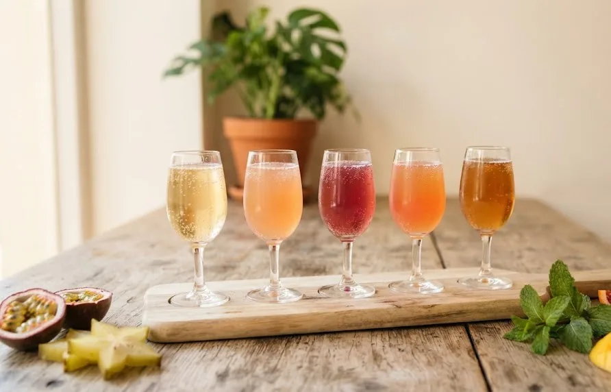 Flight of five small glasses of kombucha in different colours on a wooden board
