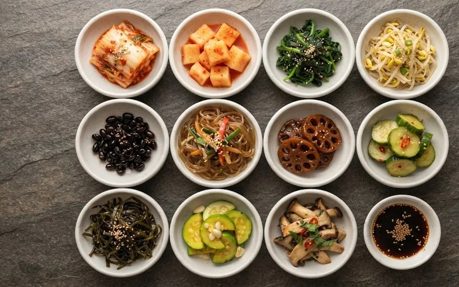 Twelve small bowls of Korean side dishes including kimchi, spinach, bean sprouts and lotus root