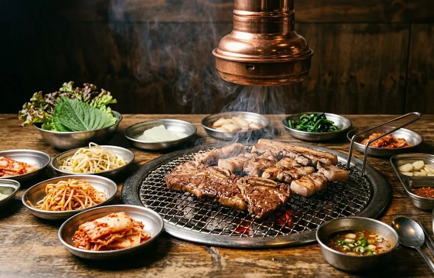 Marinated beef and pork belly sizzling on a Korean table grill surrounded by banchan dishes