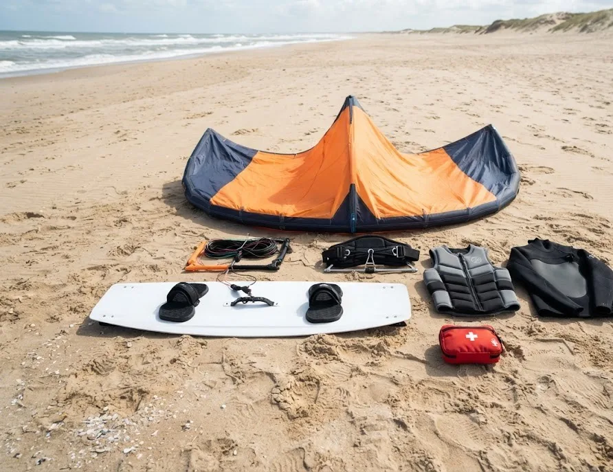 Kitesurfing gear laid out on sand: kite, bar, board, harness, impact vest and first aid kit