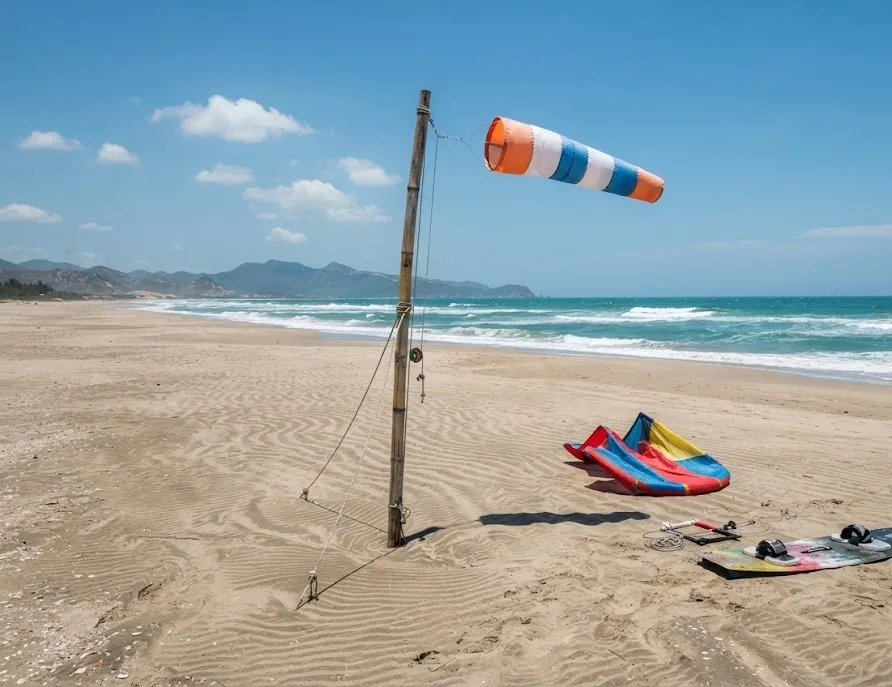 Windsock stretched by a steady breeze on a wide beach with whitecaps