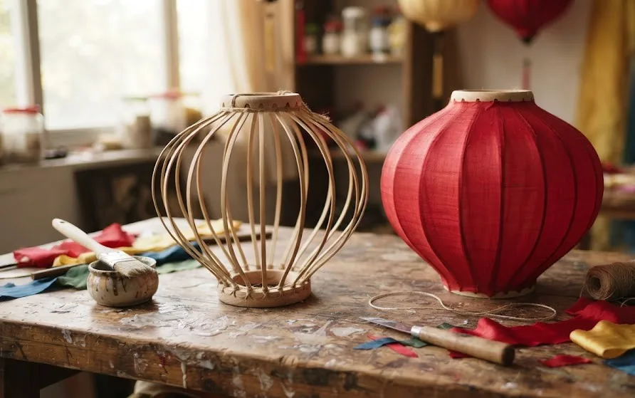 Bare split-bamboo lantern frame next to a red silk-covered lantern on a craft workbench