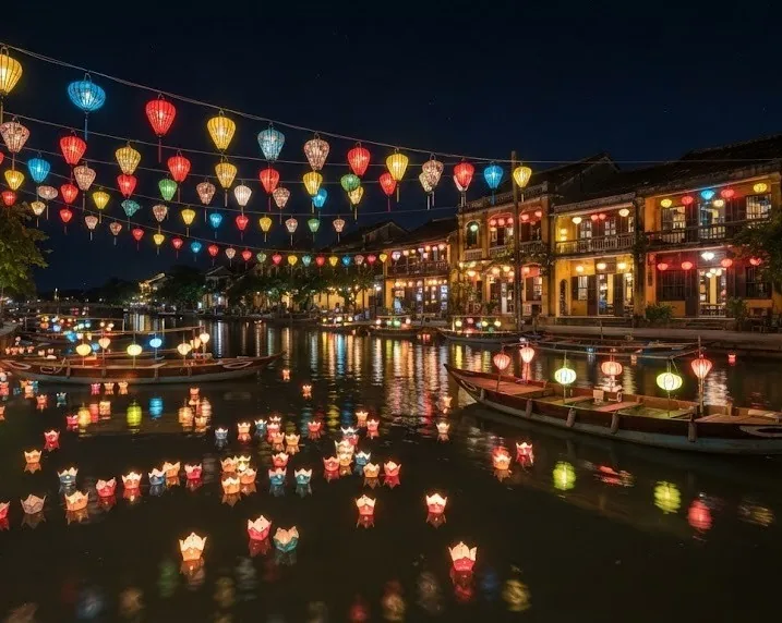 Silk lanterns strung over an old town river with floating paper lanterns and boats