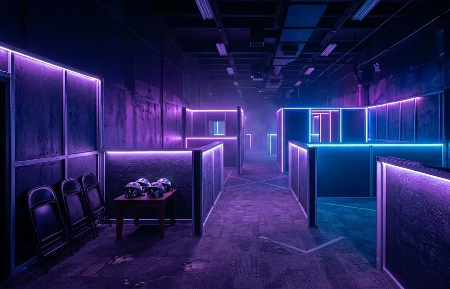 Laser tag arena corridor with helmets on a table by the entrance