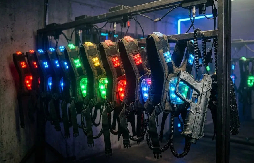 Laser tag vests and blasters hanging on a charging rack