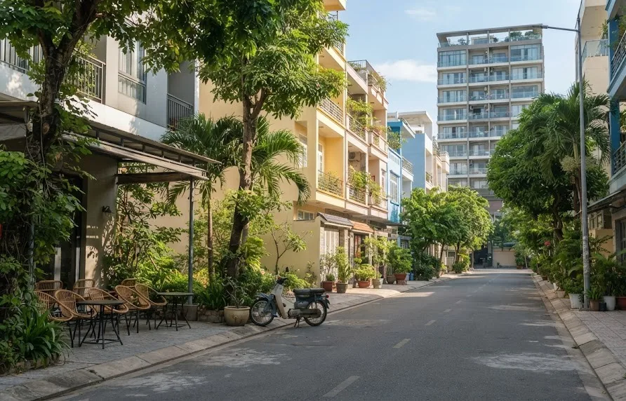 Quiet tree-lined residential street with townhouses, a corner cafe and an apartment tower