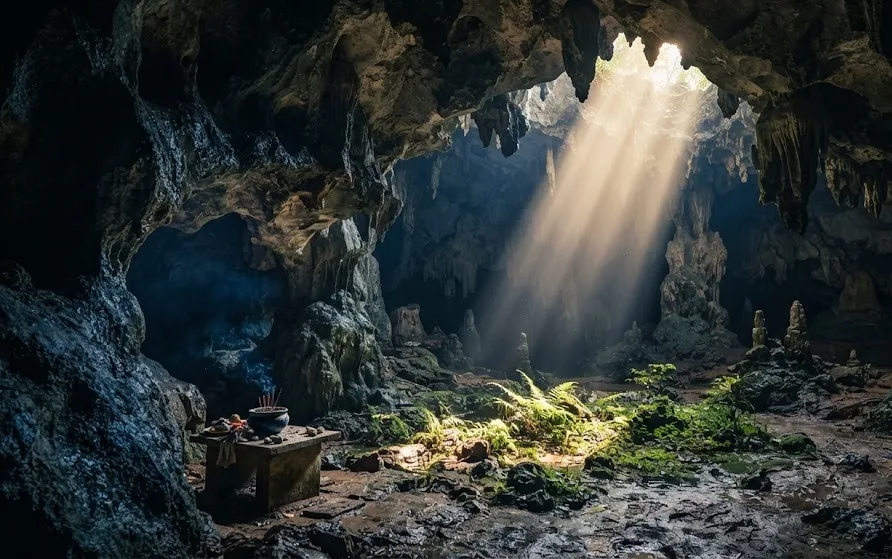 Large limestone cavern where a shaft of daylight from a roof opening lights ferns on the cave floor