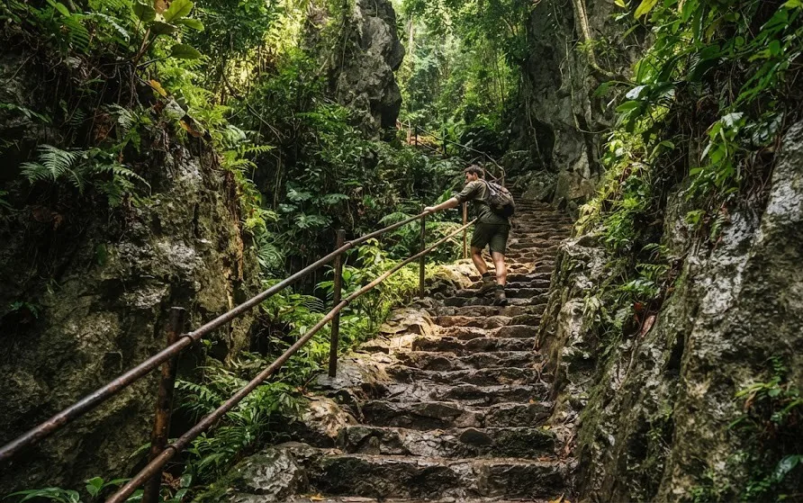 Worn stone steps with an iron handrail climbing steeply between limestone walls and jungle ferns