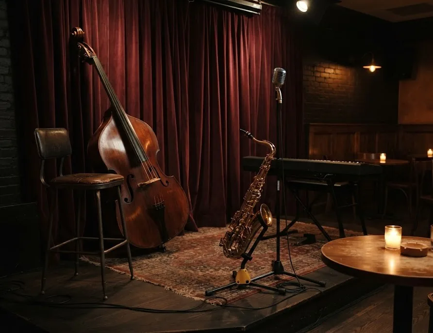 Jazz lounge corner with double bass, saxophone, keyboard and vintage microphone