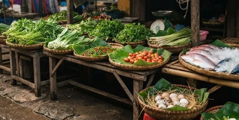 Market stall with baskets of greens, herbs, tomatoes, eggs and fresh fish on banana leaves