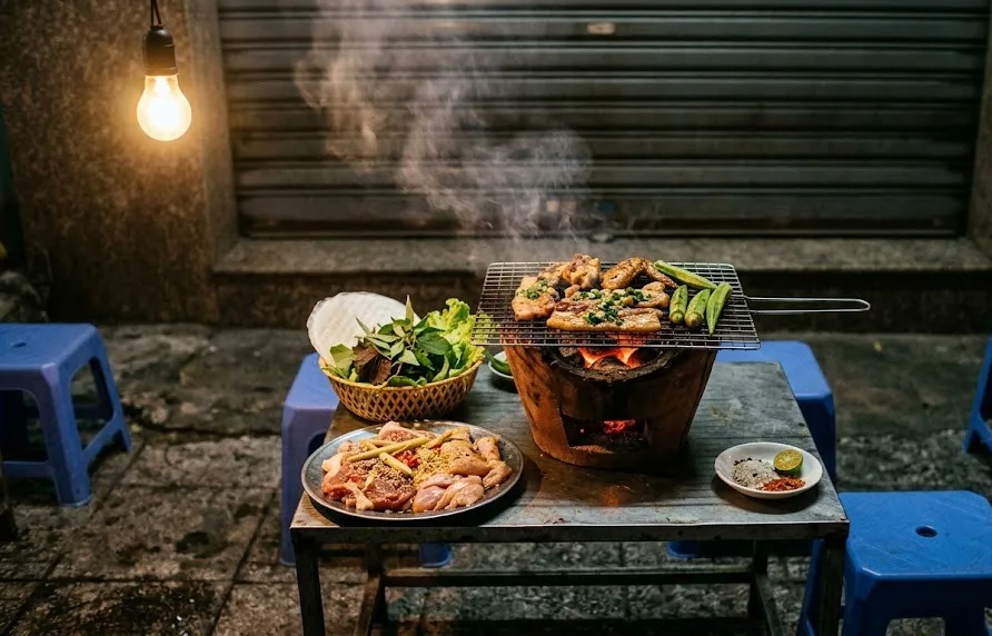 Clay charcoal brazier grilling marinated pork and okra on a low street table with herbs and stools