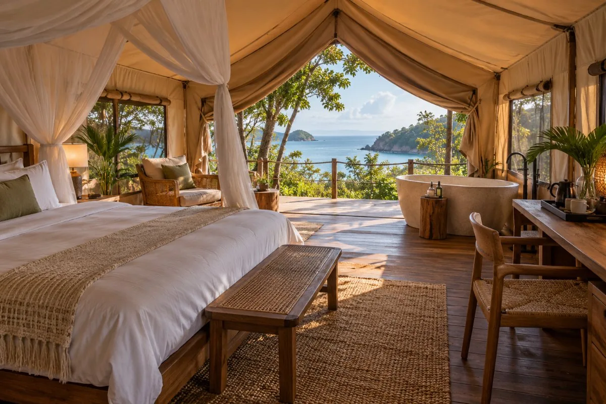 Glamping tent with canopy bed, freestanding bathtub and an open front facing the sea