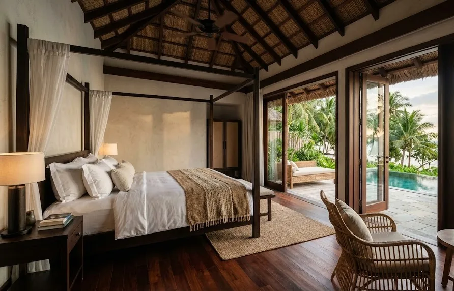 Four-poster bed in a thatched villa bedroom opening onto a private pool and palms