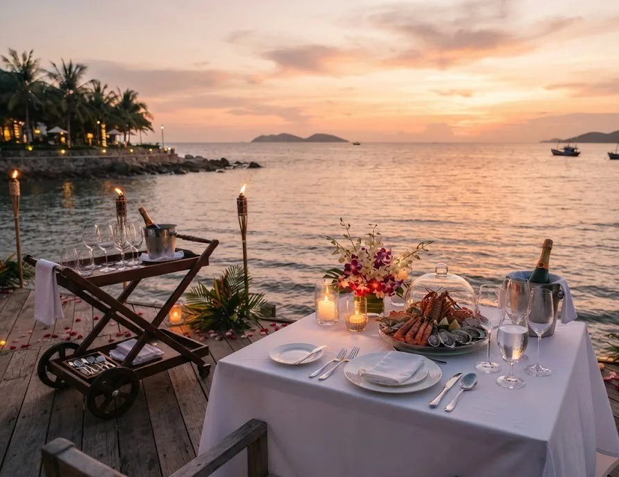 Private sunset dinner on a resort deck with candles, orchids and a seafood platter