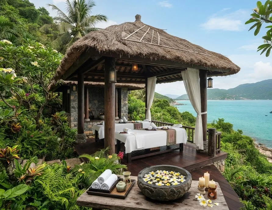 Open-air thatched spa pavilion with massage beds and a frangipani bowl above the sea