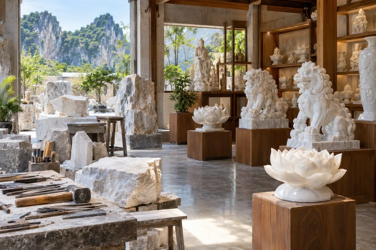Marble lotus, lion and vase carvings on display beside raw blocks and carving tools