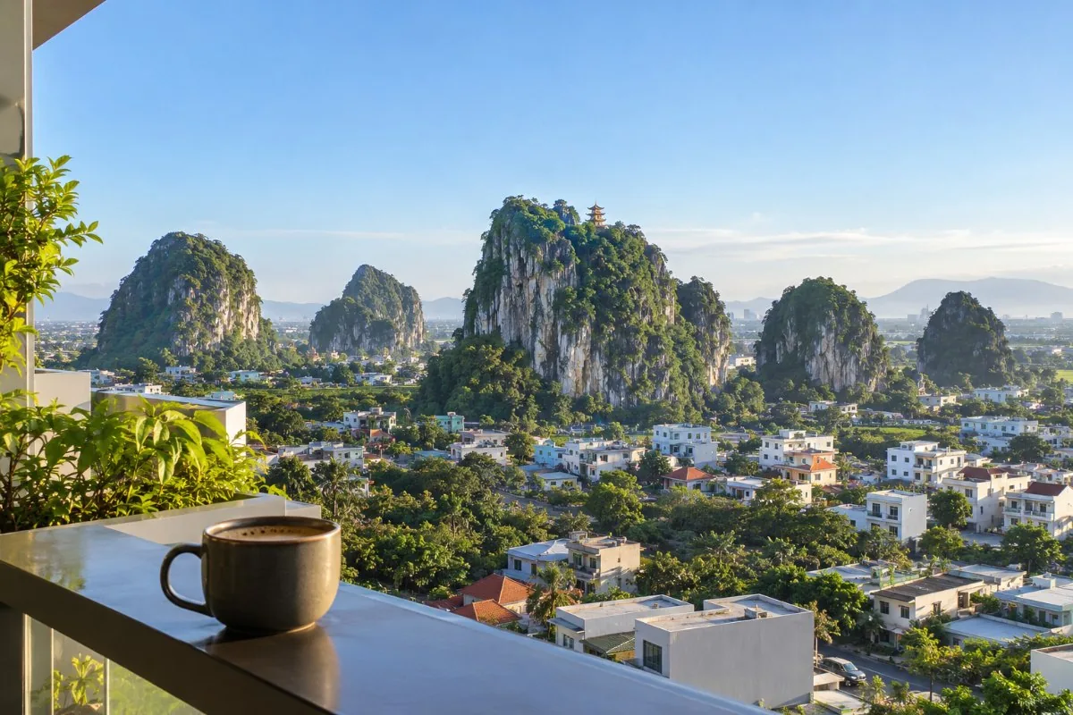 Balcony view over low rise houses toward green limestone and marble hills