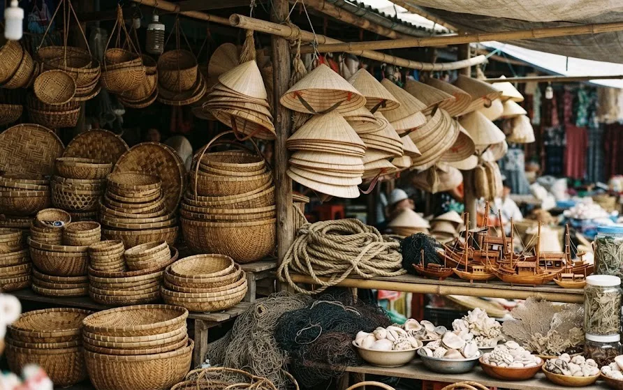 Market stall stacked with woven baskets, hanging conical hats, rope, shells and carved wooden boats