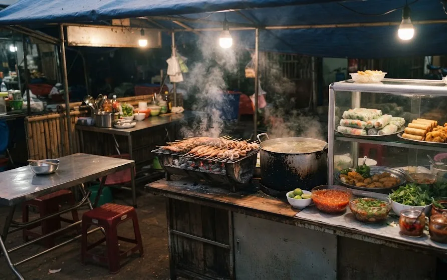 Market stall with prawn and squid skewers smoking on a charcoal grill beside rolls and dipping sauces