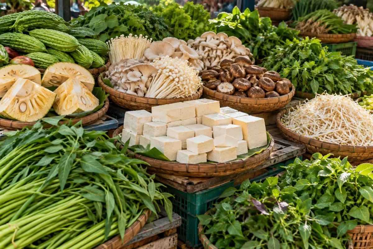 Market stall with tofu blocks, mushrooms, jackfruit, bitter melon, herbs and bean sprouts