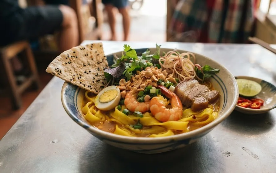 Bowl of wide yellow rice noodles with prawns, pork, quail egg, peanuts, herbs and a sesame rice cracker